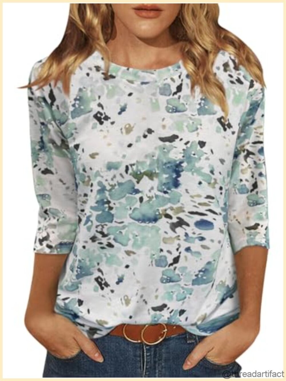 Womens 3/4 Sleeve Floral Print Loose Casual Tunic Top Blouse